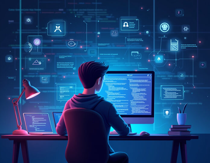 Um espaço de trabalho digital futurista mostrando um desenvolvedor interagindo com ferramentas de codificação de IA, com código fluindo em segundo plano e elementos de visualização de IA flutuando ao redor. O desenvolvedor está centralizado, trabalhando em um terminal com comandos de linguagem natural, cercado por projeções holográficas de código e interfaces de assistente de IA. Estética tecnológica moderna com iluminação azul e roxa, representando o futuro da programação com inteligência artificial.