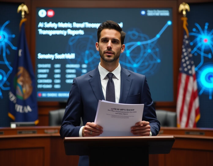 Uma câmara legislativa moderna na Califórnia com o Senador Scott Wiener em pé em um púlpito, segurando documentos rotulados 'Projeto de Lei SB 53 sobre Segurança da IA'. No fundo, uma tela digital exibe métricas de segurança de IA e relatórios de transparência. A cena mostra uma atmosfera equilibrada com símbolos de tecnologia (placas de circuito, redes neurais) e elementos governamentais (selo do estado, bandeira americana). A composição é centralizada e profissional, representando a intersecção entre regulamentação tecnológica e segurança pública.