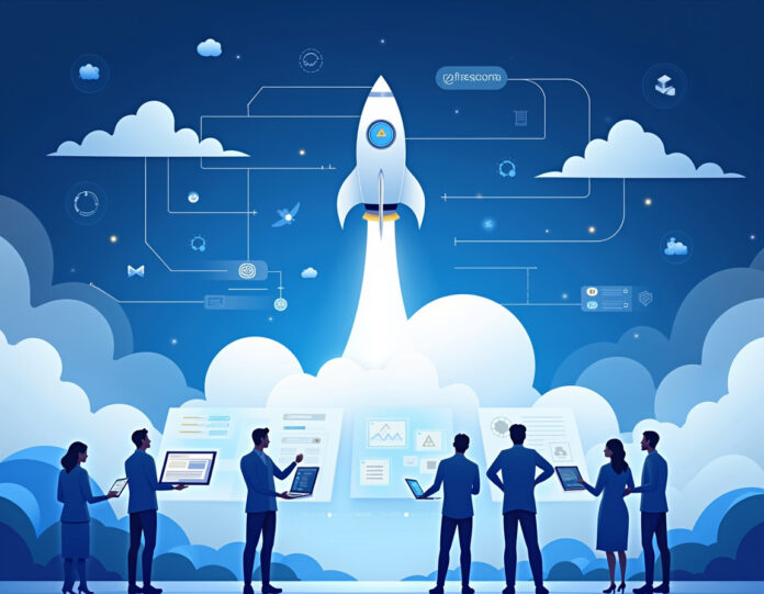 Uma ilustração moderna e dinâmica mostrando uma infraestrutura de computação em nuvem com nós interconectados e fluxos de dados, centrada em um foguete de startup lançando em direção à inovação em IA. Em primeiro plano, um grupo diversificado de empreendedores colaborando em torno de displays holográficos mostrando diagramas de arquitetura em nuvem. O logo do Google Cloud integrado sutilmente no fundo. A cena deve transmitir inovação, avanço tecnológico e parcerias estratégicas, com um esquema de cores profissional em azul e branco. Foco central no foguete da startup ascendendo através de camadas de nuvem em direção a símbolos de IA.