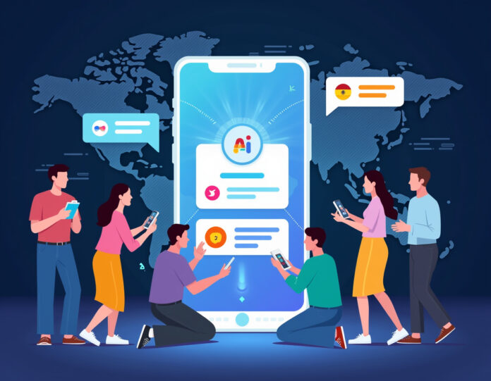 Uma ilustração moderna e futurística mostrando um grupo diversificado de pessoas de países de língua espanhola interagindo com uma interface de IA brilhante em seus dispositivos. O foco central é uma tela de smartphone exibindo a interface do Modo IA do Google em espanhol, com bolhas de conversa mostrando consultas em linguagem natural. O fundo apresenta elementos de conectividade global como fluxos de dados e conexões de rede, com elementos da língua espanhola sutilmente integrados. O estilo deve ser limpo, tecnológico e inclusivo, representando a acessibilidade global da IA.