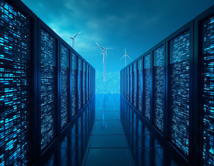 Complexo futurista de centro de dados de IA com padrões de rede neural azuis brilhantes, enormes racks de servidores com luzes LED, painéis solares e turbinas eólicas ao fundo, composição centralizada com iluminação dramática, estilo de arte digital hiper-realista, representando infraestrutura avançada de inteligência artificial