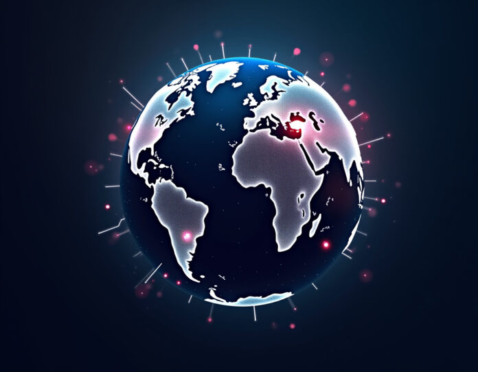 Um globo terrestre futurístico com linhas de conexão digital brilhantes saindo de mais de 40 países emergentes destacados em cores vibrantes, centralizado na imagem com foco na África, Ásia e América Latina, representando a expansão global da inteligência artificial acessível, com ícones de IA flutuando ao redor do globo em um fundo tecnológico azul e roxo