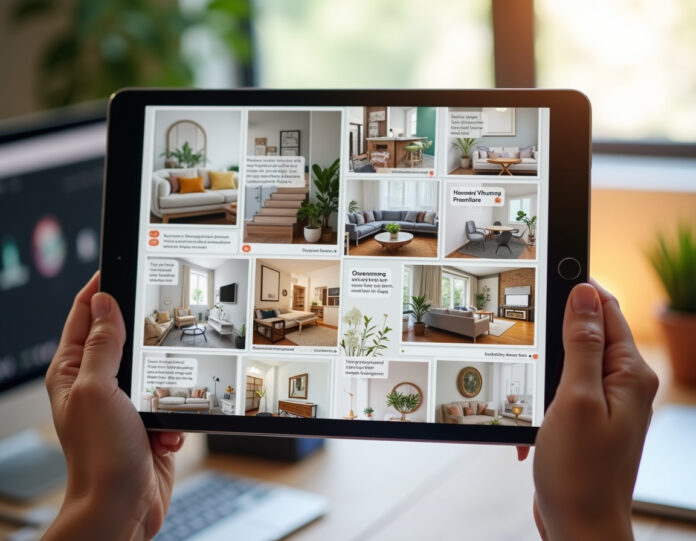 Um mood board digital moderno exibido na tela de um tablet, mostrando uma colagem lindamente organizada de imagens de decoração e design geradas por IA. O mood board apresenta um arranjo central de móveis elegantes, paletas de cores e elementos decorativos, com prompts de texto visíveis nas bordas. O tablet é segurado pelas mãos de uma pessoa em um espaço de trabalho criativo bem iluminado, com luz natural destacando as cores vibrantes e texturas realistas das imagens geradas por IA. A composição é centralizada e profissional, representando o conceito de inspiração criativa alimentada por IA.