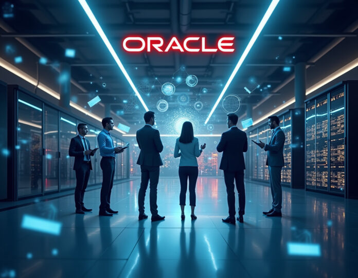 Uma cena moderna de finanças corporativas mostrando a sede da Oracle com certificados de títulos digitais flutuando em primeiro plano, símbolos de infraestrutura de IA como racks de servidores e diagramas de redes neurais integrados ao fundo, executivos de negócios profissionais discutindo gráficos financeiros, composição centralizada com estética corporativa limpa, representando a venda de títulos de US$ 15 bilhões da Oracle e a expansão de computação em nuvem de IA