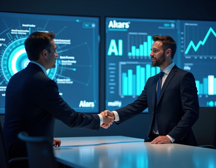 Uma cena moderna e profissional de reunião de negócios mostrando dois executivos apertando as mãos em uma sala de reuniões corporativa de alta tecnologia. De um lado, um representante de uma empresa de IA vestindo traje empresarial, do outro lado, um executivo de uma empresa de semicondutores. Ao fundo, telas grandes exibem arquiteturas de modelos de IA e métricas de desempenho de GPU. A cena é centralizada com iluminação perfeita, mostrando colaboração entre empresas de tecnologia. Logotipos corporativos visíveis sutilmente ao fundo. Estética profissional, limpa e futurista com esquema de cores azul e prata.