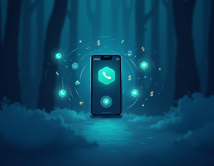 Um smartphone moderno mostrando a interface de um aplicativo de gravação de chamadas com cifrões e ícones de IA flutuando ao redor, representando a monetização de dados de voz para treinamento de inteligência artificial. O telefone deve estar centralizado com um fundo desfocado sugerindo preocupações com privacidade e vigilância digital. Estilo: ilustração digital contemporânea com um tom ligeiramente sinistro, usando esquema de cores azul e verde neon para representar temas de tecnologia e dinheiro.