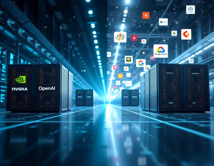 Uma imagem dinâmica em tela dividida mostrando duas estratégias contrastantes de infraestrutura de IA. À esquerda: enormes data centers com logotipos da Nvidia e OpenAI, representando parcerias bilionárias. À direita: um moderno data center do Google Cloud com diversos logotipos de startups (Loveable, Windsurf, etc.) flutuando ao seu redor, simbolizando a próxima geração de empresas de IA. A composição deve mostrar avanço tecnológico e divergência estratégica, com linhas limpas e uma estética futurista. Foco central na infraestrutura do Google Cloud com integração de startups.