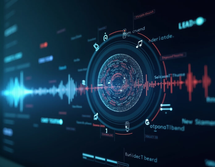 Uma interface moderna e futurista de streaming de música mostrando créditos de música gerada por IA e rótulos de transparência, com foco central em uma sobreposição transparente revelando a tecnologia de IA por trás de notas musicais e ondas sonoras, representando a nova política de IA do Spotify para transparência musical e prevenção de spam.