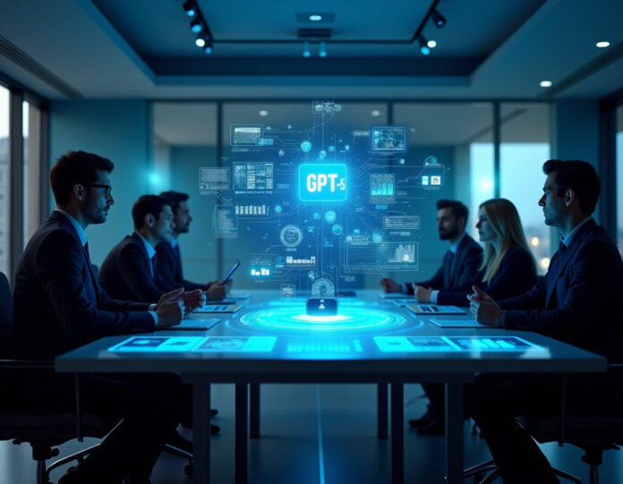 Uma moderna sala de reuniões corporativa com uma interface de IA holográfica exibindo diagramas de integração do GPT-5, executivos de negócios colaborando em torno de uma mesa digital transparente mostrando painéis de análise de dados, com os logotipos da Databricks e da OpenAI destacados em segundo plano. A cena deve transmitir parceria tecnológica empresarial e segurança de dados, com uma estética profissional e futurista, composição centralizada com iluminação equilibrada.