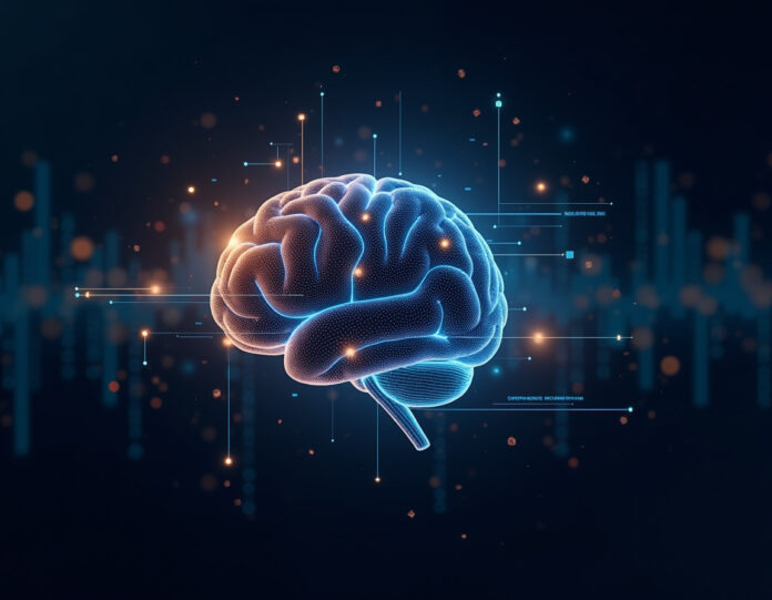 Um cérebro de IA moderno e futurista com redes neurais interconectadas e nós de processamento, brilhando com luz azul e laranja, centralizado no quadro com fluxos de dados fluindo ao seu redor, representando o raciocínio avançado de IA e eficiência computacional, situado contra um fundo escuro com elementos digitais abstratos.