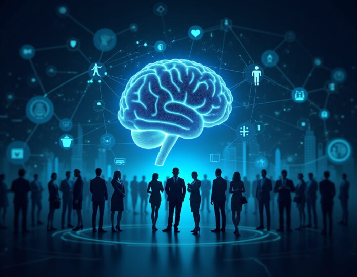 Um cérebro digital futurista com redes neurais interconectadas brilhando com luz azul, posicionado centralmente contra um fundo de várias indústrias profissionais, incluindo símbolos de saúde, finanças e tecnologia. O cérebro está rodeado por representações abstratas de dados fluindo entre silhuetas humanas e interfaces de IA, simbolizando a colaboração entre inteligência artificial e profissionais humanos em atividades econômicas. A cena deve ter uma estética profissional e tecnológica com linhas limpas e elementos de design modernos.