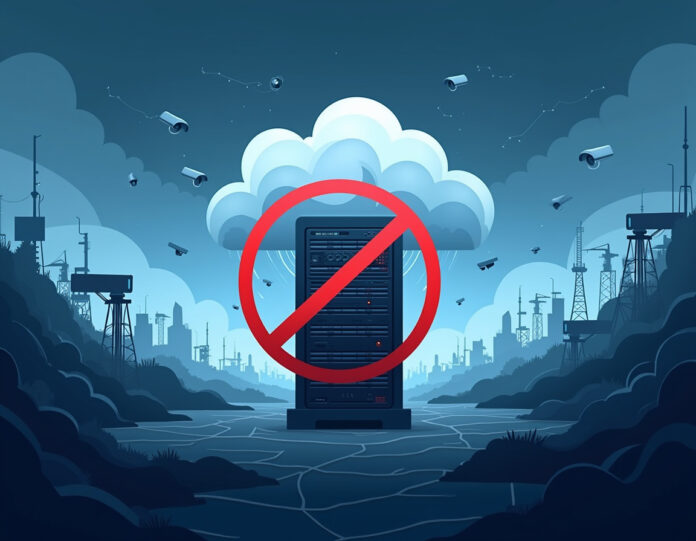 Uma ilustração digital dramática mostrando um grande servidor de computação em nuvem com um símbolo vermelho de 'acesso negado' sobre ele, representando os serviços do Microsoft Azure sendo bloqueados. No fundo, silhuetas sutis de câmeras de vigilância e fluxos de dados, com uma paisagem dividida mostrando infraestrutura tecnológica de um lado e áreas civis do outro. A imagem deve transmitir tensão entre ética tecnológica e vigilância, com foco central no servidor em nuvem sendo cortado. Estilo profissional e corporativo com esquema de cores azul e cinza, iluminação cinematográfica.