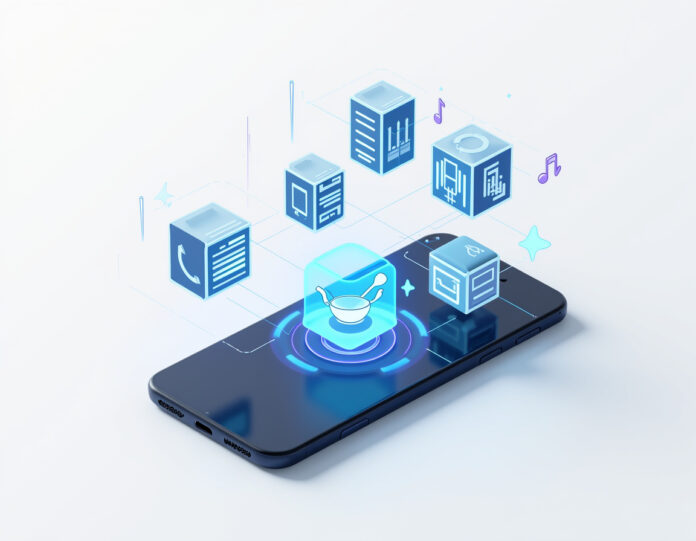 Um smartphone moderno exibindo múltiplos ícones de aplicativos com elementos de IA flutuando ao redor deles, incluindo livros de histórias, gráficos financeiros, utensílios de cozinha e notas musicais, todos conectados por linhas brilhantes de rede neural, composição centralizada com fundo branco limpo, estética tecnológica futurista