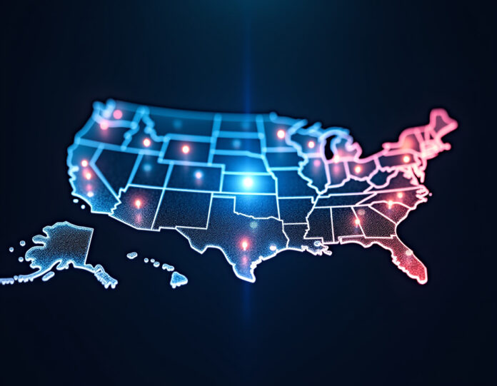 Uma representação visual moderna de chips de semicondutores sobre um mapa dos Estados Unidos, com fábricas de chips iluminadas em diferentes estados, mostrando o contraste entre produção doméstica e importação. No centro, uma balança equilibrada simbolizando a proporção 1:1, com chips americanos de um lado e chips importados do outro. Estilo infográfico profissional com cores corporativas em azul e vermelho, fundo limpo e foco na indústria tecnológica.