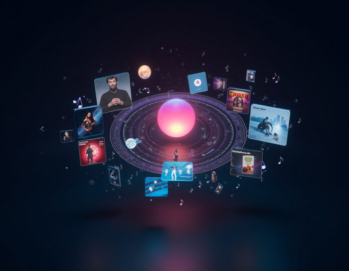 Uma interface futurista de apresentador de música com IA flutuando em um espaço escuro, com notas musicais e ondas sonoras emanando de um orbe central luminoso, rodeado por representações abstratas de artistas e capas de álbuns, tudo centralizado e visualmente equilibrado com uma estética moderna e tecnológica.