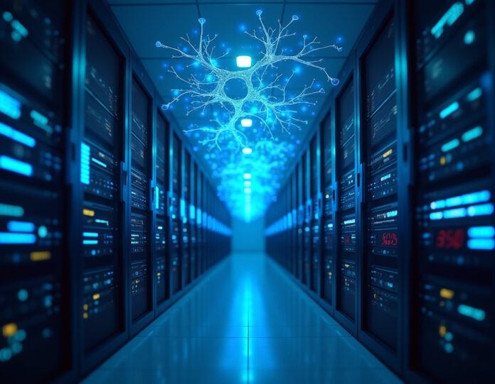 Um data center moderno e futurista com redes neurais de IA azuis brilhantes flutuando acima dos racks de servidores, mostrando a escala massiva do investimento em infraestrutura de IA. A imagem deve ter um foco central em equipamentos de computação avançados com projeções holográficas de elementos da interface do ChatGPT, representando a conexão entre investimentos em infraestrutura e capacidades de IA. A cena deve transmitir avanço tecnológico e escala massiva, com linhas limpas e iluminação profissional.