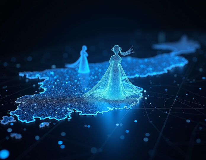 Representação visual futurista de inteligência artificial coreana, mostrando hologramas de hanbok tradicional se transformando em dados digitais, com elementos de hanja (caligrafia coreana) flutuando ao redor de um núcleo tecnológico brilhante. No centro, o mapa da Coreia do Sul feito de luz azul com conexões de rede se espalhando. Fundo escuro com partículas luminosas representando dados em movimento. Estilo cyberpunk com influência estética coreana moderna, cores predominantes: azul tecnológico, branco puro e vermelho tradicional coreano. Composição centralizada e equilibrada, foco na fusão entre tradição e tecnologia.