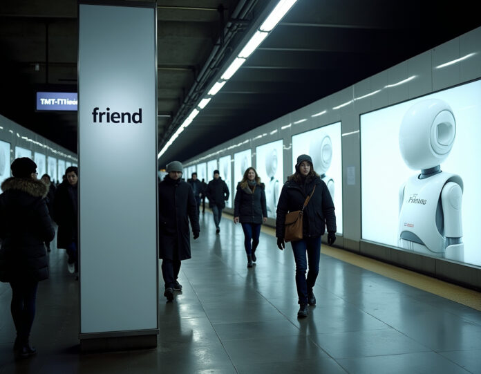 Uma fotografia dramática em ângulo amplo de uma plataforma de metrô de Nova York completamente dominada por anúncios brancos e austeros dos dispositivos de IA Friend. Os anúncios cobrem as paredes, pilares e bordas da plataforma com designs minimalistas em branco apresentando o logo da Friend. Em primeiro plano, passageiros com roupas de inverno passam pelos anúncios, alguns olhando para eles com expressões mistas de curiosidade e ceticismo. A iluminação é cinematográfica, com sombras e destaques dramáticos que enfatizam a presença avassaladora da campanha de IA no ambiente urbano. Foco central na marca Friend e na escala da tomada de controle publicitária.
