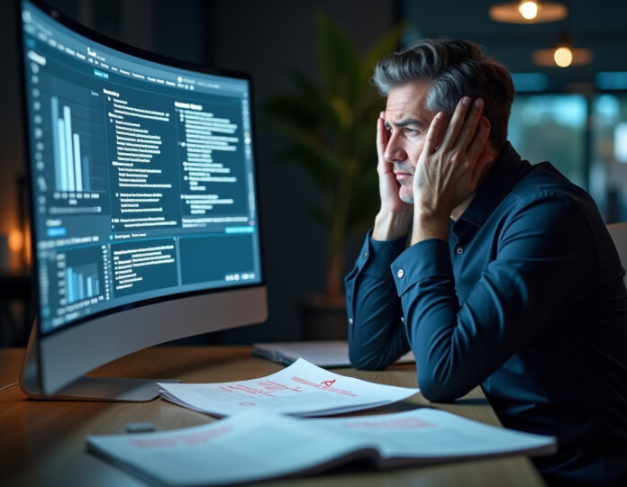 Uma imagem central mostrando um profissional de negócios frustrado em uma mesa de escritório moderna, parecendo confuso diante de uma tela de computador exibindo conteúdo genérico de baixa qualidade gerado por IA. A tela mostra texto embaçado e gráficos sem sentido. Sobre a mesa, há pilhas de documentos impressos com marcas de correção em vermelho. No fundo, elementos sutis de interface de IA são visíveis, mas distorcidos. A iluminação enfatiza a frustração da pessoa e a baixa qualidade do conteúdo digital. Ambiente profissional de negócios com decoração de escritório moderna.