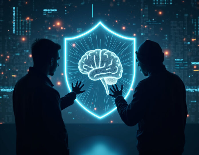 Uma cena dramática de cibersegurança mostrando um escudo digital sendo penetrado por vetores de ataque gerados por IA, com código binário e padrões de rede neural visíveis no fundo. O foco central está em um cérebro de IA brilhante sendo manipulado por figuras sombrias de hackers, representando o uso duplo da inteligência artificial tanto na defesa quanto no ataque. A cena deve transmitir urgência e sofisticação tecnológica, com uma estética cyberpunk sombria e elementos digitais brilhantes.