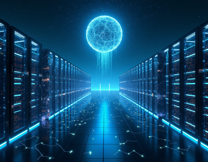 Uma imagem dramática e futurista mostrando enormes centros de dados com racks de servidores brilhantes que se estendem até o infinito, com redes neurais de IA holográficas flutuando acima deles, cercadas por arcos elétricos e fluxos digitais de dados fluindo entre os edifícios, tudo sob um céu noturno com constelações que se assemelham a placas de circuito - iluminação cinematográfica, hiper-realista, composição centralizada