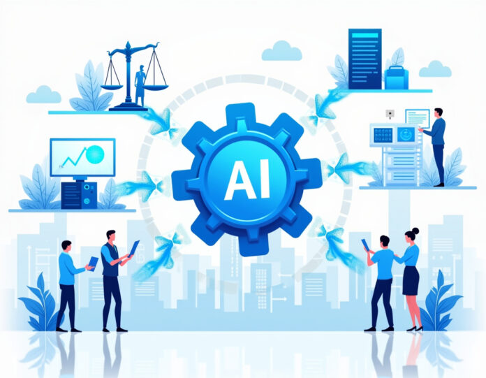 Uma ilustração dinâmica e moderna mostrando a transformação das indústrias de serviços tradicionais através da inteligência artificial. No centro, uma engrenagem estilizada representando a tecnologia de IA está conectada a vários ícones da indústria de serviços (balanças jurídicas, servidor de TI, fone de ouvido de call center, maleta de consultoria) com conexões digitais brilhantes. O lado esquerdo mostra processos tradicionais intensivos em mão de obra com figuras humanas realizando tarefas manuais, enquanto o lado direito mostra os mesmos processos automatizados com fluxos digitais azuis e interfaces de IA. O fundo apresenta elementos de visualização de dados e gráficos em tendência de alta representando margens melhoradas. Silhuetas de edifícios corporativos ao fundo representam as empresas Fortune 100 que estão sendo transformadas. O estilo deve ser limpo, profissional e futurista com um esquema de cores azul e branco enfatizando a transformação digital.