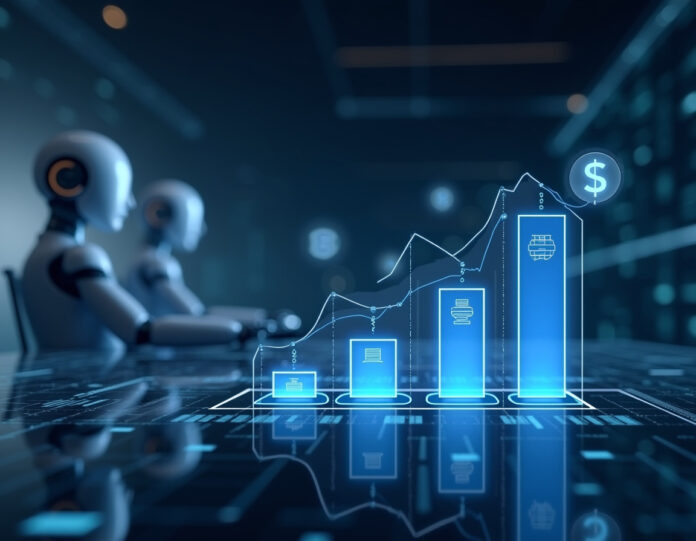 Um conceito empresarial moderno e futurista mostrando agentes de IA trabalhando em segundo plano, enquanto métricas de valor e gráficos financeiros aparecem em primeiro plano, com símbolos de moeda digital fluindo entre eles, representando a cobrança baseada em resultados para serviços de IA. A cena deve ser limpa, profissional e focada na conexão entre automação de IA e criação de valor financeiro.