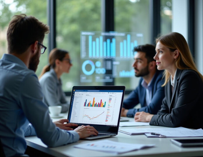 Um ambiente de escritório moderno e profissional com uma equipe financeira trabalhando de forma colaborativa. Em primeiro plano, a tela de um laptop mostra agentes de IA processando dados financeiros com visualizações e gráficos coloridos. No fundo, planilhas tradicionais do Excel estão desaparecendo ou sendo substituídas pela interface de IA. A cena deve transmitir inovação, eficiência e a transição do trabalho manual com planilhas para a gestão financeira automatizada e orientada por IA. Foco central na interface de IA com visualizações de dados financeiros.