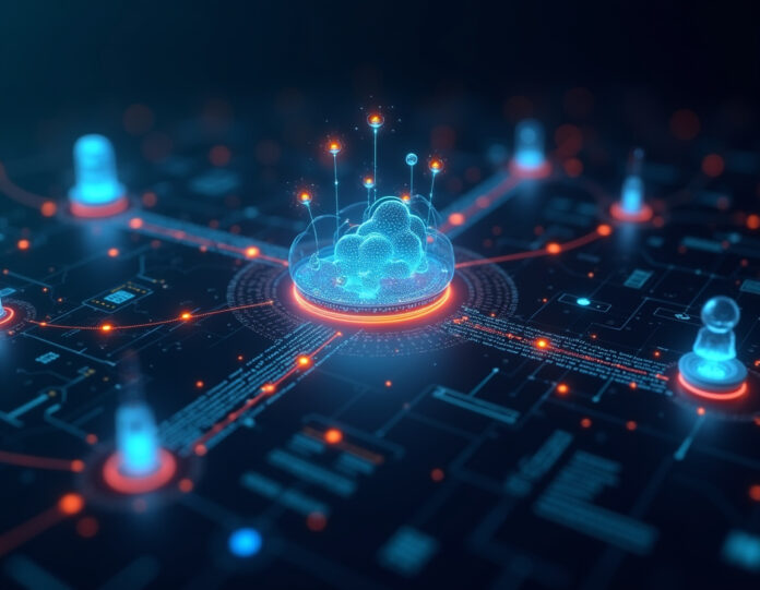 Uma interface de rede neural de IA futurista com nós brilhantes em azul e laranja conectados por fluxos de dados fluidos, centrada em torno de um ambiente de desenvolvimento de software sofisticado mostrando código sendo gerado em tempo real, com esquemas de banco de dados e ícones de infraestrutura em nuvem flutuando ao redor, tudo em um fundo tecnológico escuro e moderno com elementos holográficos.