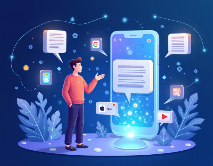 Uma ilustração digital moderna e vibrante mostrando uma pessoa usando comandos de linguagem natural para criar uma interface completa de aplicativo móvel que se monta magicamente a partir de blocos de código e elementos de IA. A cena deve mostrar ícones de banco de dados, símbolos de sistema de pagamento e logotipos de lojas de aplicativos se integrando perfeitamente ao produto final. A pessoa aparece não-técnica e entusiasmada, com partículas de IA brilhantes transformando suas ideias em um aplicativo funcional. Foco central no processo de criação do aplicativo com uma estética futurista limpa usando azuis, roxos e brancos.