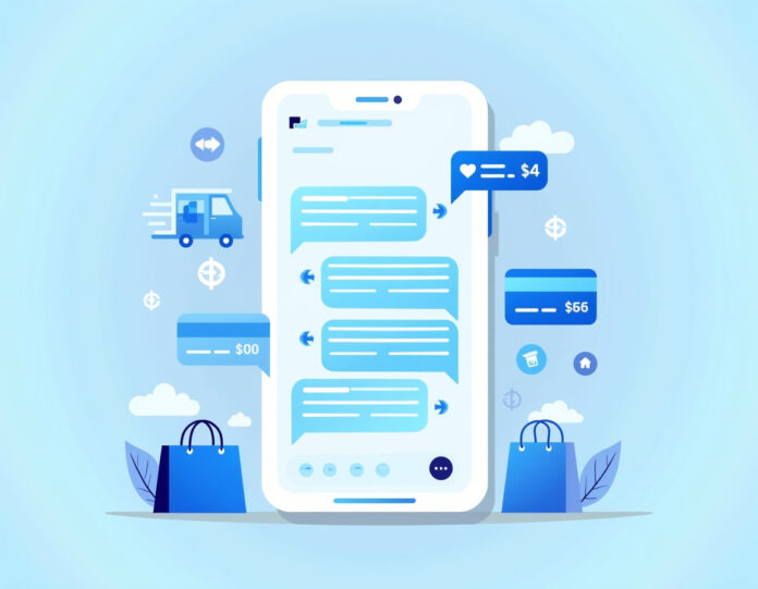 Uma interface de compras digital moderna mostrando uma conversa amigável com um chatbot de IA na tela de um smartphone, com ícones de carrinho de compras e botões de compra integrados perfeitamente no chat. O fundo mostra elementos abstratos de e-commerce como sacolas de compras, símbolos de cartão de crédito e caminhões de entrega, todos centralizados em torno do smartphone que exibe a experiência de compras com IA. O estilo é limpo, futurista e profissional com um esquema de cores azul e branco.