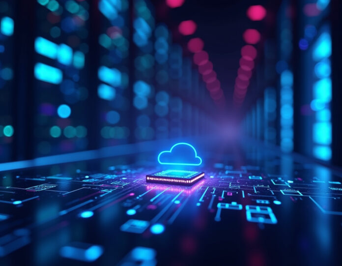 Um data center moderno e futurista com chips e servidores de IA brilhantes, mostrando infraestrutura tecnológica avançada com efeitos de iluminação azul e roxa, representando hardware de inteligência artificial e serviços de computação em nuvem, com o logotipo da Cerebras sutilmente integrado ao fundo.