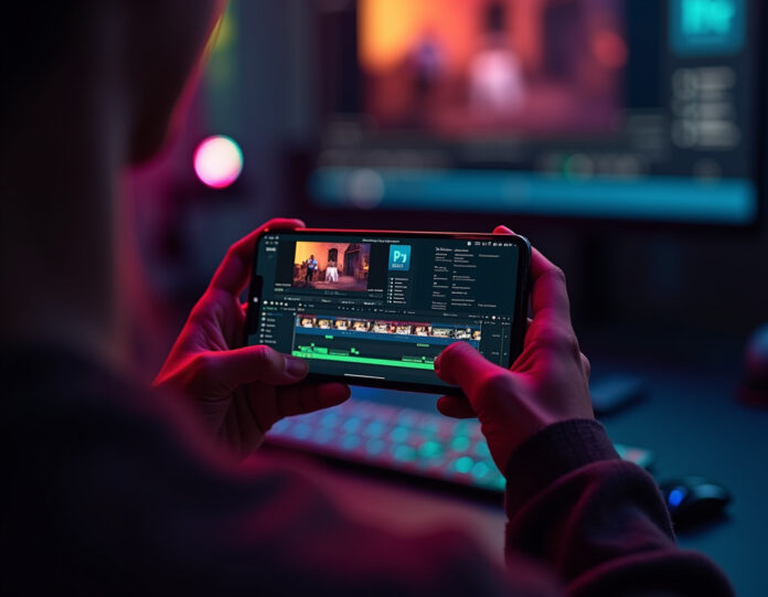 Um smartphone moderno exibindo a interface de edição de vídeo do Adobe Premiere com múltiplas faixas de vídeo, ferramentas de correção de cor e recursos de IA visíveis na tela. O telefone é segurado por mãos criativas em um ambiente de estúdio profissional com iluminação cinematográfica. No fundo, elementos visuais sutis representando ferramentas de edição de vídeo e tecnologia de IA. Foco central na vibrante interface do Premiere mostrando a edição de vídeo em ação.
