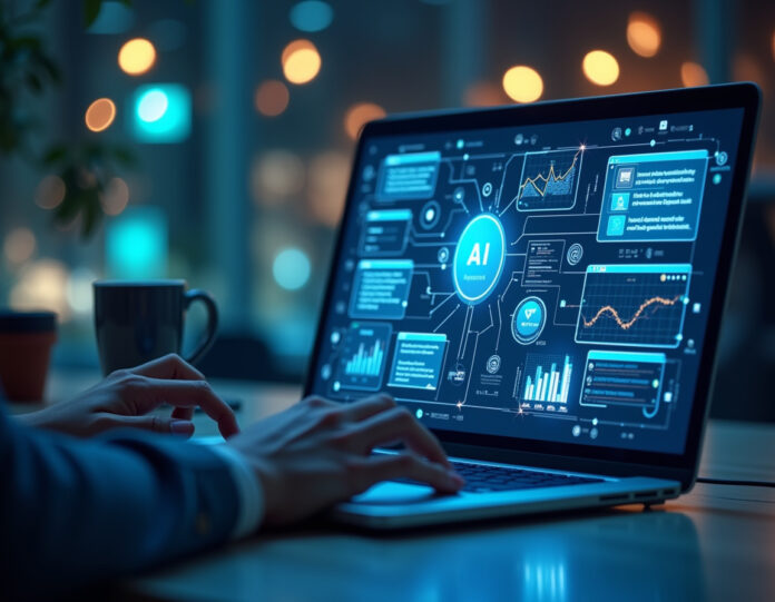 Um espaço de trabalho moderno e profissional mostrando um laptop com várias janelas do navegador abertas, com agentes de IA representados como assistentes digitais brilhantes ajudando em várias tarefas como análise de dados, composição de e-mails e gerenciamento de projetos. A cena deve mostrar a automação em ação com elementos visuais representando eficiência de fluxo de trabalho e transformação digital, centrada na tela do computador onde os agentes de IA estão trabalhando ativamente.