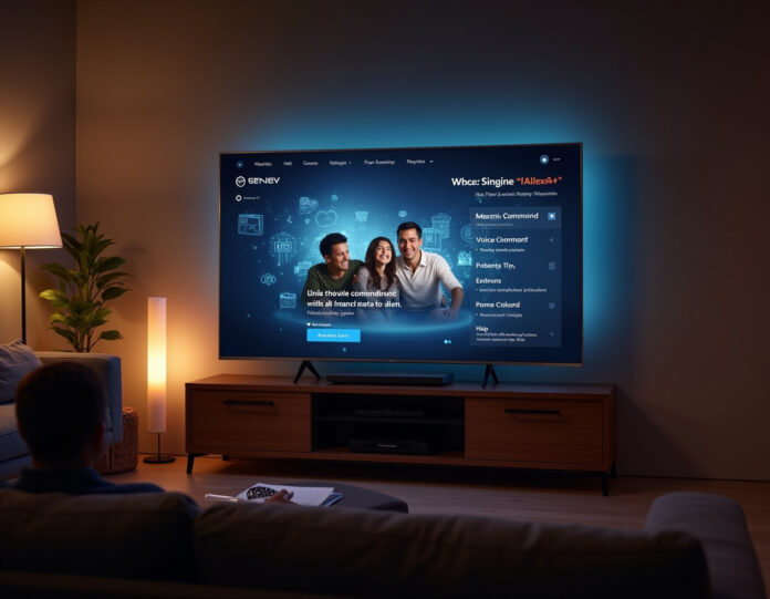 Uma sala de estar moderna com uma grande tela Fire TV exibindo a interface Alexa+, mostrando recomendações de filmes e opções de comando de voz. A tela está centralizada com uma família assistindo conteúdo, com elementos visuais sutis de IA em azul flutuando ao redor da TV representando a tecnologia avançada do Alexa+. Iluminação quente e convidativa com sofá confortável e configuração de entretenimento, focando na integração perfeita da IA com o entretenimento doméstico.