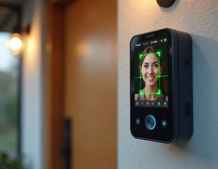 Uma câmera de campainha inteligente moderna com tecnologia de reconhecimento facial mostrando caixas verdes de reconhecimento ao redor de rostos familiares, montada na entrada de uma casa contemporânea com boa iluminação, composição centralizada mostrando o display da câmera com interface de reconhecimento de IA