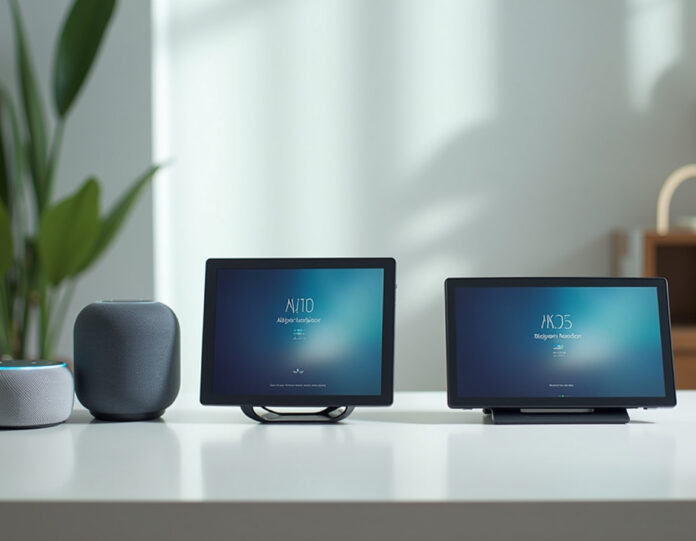 Linha moderna de dispositivos Amazon Echo apresentando Echo Dot Max, Echo Studio e modelos Echo Show exibidos em uma configuração tecnológica limpa e minimalista com iluminação suave, mostrando o novo design esférico do Echo Studio e as telas elegantes dos dispositivos Echo Show, com a marca Alexa+ visível, composição centralizada com estilo de fotografia profissional de produtos