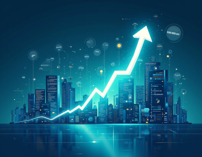 Uma ilustração digital moderna e dinâmica mostrando uma interface de plataforma de codificação se transformando de um pequeno e simples editor de código em um ambiente de desenvolvimento massivo e complexo alimentado por IA, com múltiplos agentes de codificação autônomos trabalhando simultaneamente. No centro, uma seta brilhante apontando para cima representa o crescimento da receita de US$ 2,8 milhões para US$ 150 milhões, rodeada por representações abstratas de usuários não-técnicos aprendendo a programar com assistência de IA. O fundo mostra uma paisagem urbana futurista simbolizando a visão de criar um bilhão de desenvolvedores de software em todo o mundo. O estilo deve ser limpo, focado em tecnologia com cores vibrantes de azul e verde, enfatizando transformação e inovação.