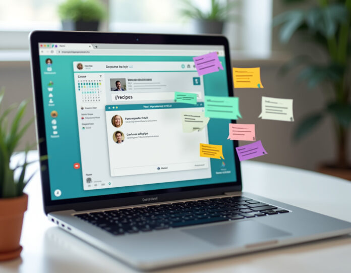 Um espaço de trabalho digital moderno mostrando a tela de um laptop com uma interface de reunião apresentando atalhos de receitas, rodeado por elementos colaborativos como notas virtuais adesivas, eventos de calendário e avatares da equipe. O foco central está no comando '/receita' sendo digitado em uma interface de chat, com cartões coloridos de receitas flutuando ao redor da tela representando diferentes tarefas automatizadas. A cena deve transmitir produtividade, automação e colaboração inteligente em um ambiente de escritório limpo e profissional com iluminação suave.
