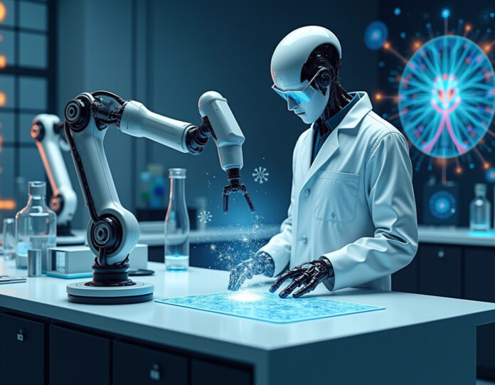 Um laboratório futurista com braços robóticos avançados conduzindo experimentos científicos, rodeado por displays holográficos mostrando estruturas moleculares e formações cristalinas, com visualizações de redes neurais de IA em segundo plano, centrado em um cientista robótico analisando novos materiais supercondutores em um ambiente limpo e de alta tecnologia.