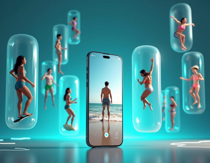 Uma cena dinâmica e futurista mostrando múltiplos vídeos gerados por IA flutuando em um espaço digital, apresentando figuras humanas realistas realizando várias atividades como vôlei de praia, skate e ginástica. No centro, um smartphone exibe a interface do aplicativo Sora com um recurso 'cameo' mostrando uma pessoa integrada perfeitamente em uma cena de praia gerada por IA. A estética geral é moderna, limpa e tecnologicamente avançada, com elementos sutis brilhantes em azul e verde representando a tecnologia de IA.