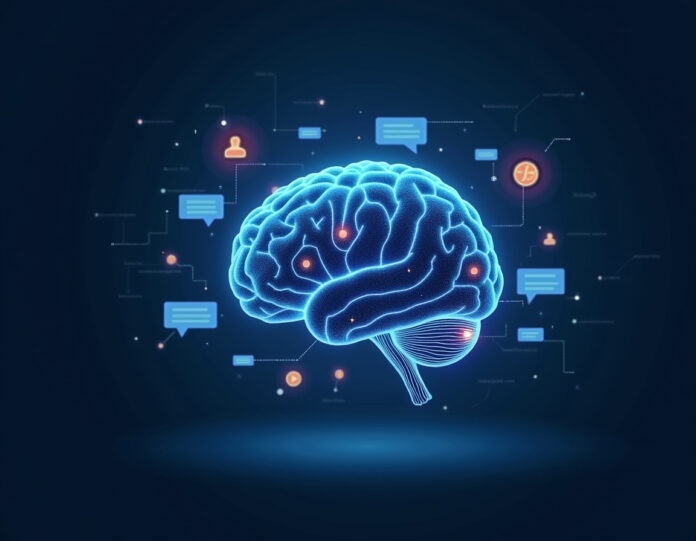 Um cérebro digital futurista com redes neurais brilhantes, rodeado por bolhas de conversa flutuantes e elementos de interface, representando a tecnologia de chatbot de IA. O cérebro central deve ter padrões de circuito intrincados e emitir um brilho azul suave, com fios de conversação e fluxos de dados fluindo ao seu redor. A composição deve ser dinâmica e moderna, com uma estética limpa e profissional adequada para notícias de tecnologia. O cérebro deve estar centralizado e proeminente, simbolizando inteligência artificial e capacidades de IA conversacional.