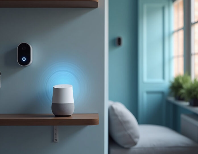 Uma configuração moderna e sofisticada de casa inteligente com dispositivos Google Home, incluindo câmeras Nest e campainhas inteligentes, todos integrados com tecnologia de IA. A cena mostra uma sala de estar contemporânea com um alto-falante Google Home exibido proeminentemente em uma prateleira, uma câmera Nest montada no canto e uma campainha inteligente visível através de uma janela. Luz suave azul e branca emana dos dispositivos, simbolizando a inteligência da IA. A composição é limpa, centralizada e iluminada profissionalmente, representando o futuro da tecnologia de casa inteligente com a integração da IA Gemini do Google.