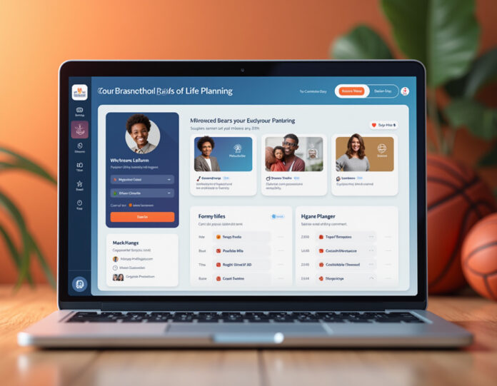 Uma interface de plataforma digital moderna e compassiva, mostrando ferramentas de planejamento de fim de vida com tecnologia de IA, com elementos sutis de basquete no fundo representando os fundadores da NBA, composição centralizada com cores quentes e reconfortantes e estética de design profissional.