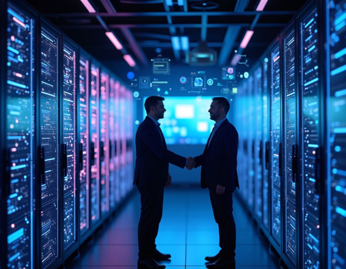 Um data center futurista com luzes azuis e roxas brilhantes, mostrando fileiras de racks de servidores avançados com displays holográficos temáticos de IA flutuando acima deles. Em primeiro plano, executivos da OpenAI, Samsung e SK Hynix apertando as mãos, com padrões de circuitos digitais e visualizações de redes neurais de IA no fundo. A cena deve transmitir colaboração de alta tecnologia e infraestrutura de inteligência artificial de ponta, com uma sala de reunião corporativa moderna visível através de paredes transparentes mostrando as operações do data center.