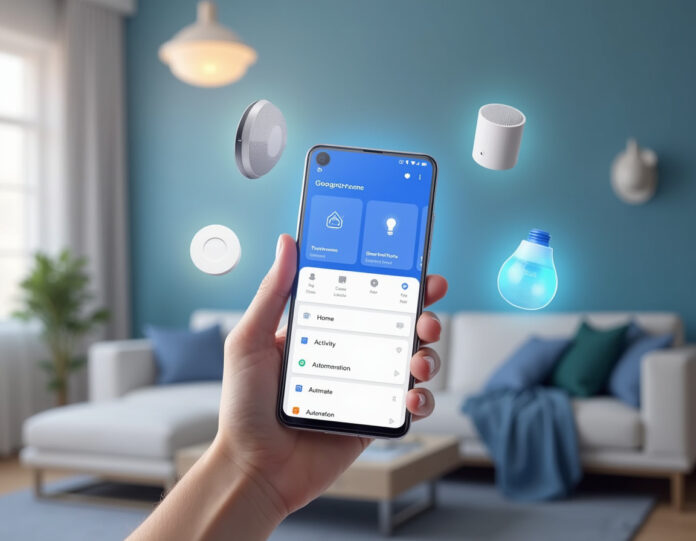 Um smartphone moderno exibindo a interface redesenhada do aplicativo Google Home com design limpo em branco e azul, mostrando controles de dispositivos de casa inteligente e integração com a IA Gemini, com dispositivos de casa inteligente como termostato Nest, câmera de segurança e luzes inteligentes flutuando ao redor do telefone em um ambiente doméstico futurista, com foco central na interface do aplicativo com visibilidade clara das três abas principais: Início, Atividade e Automação