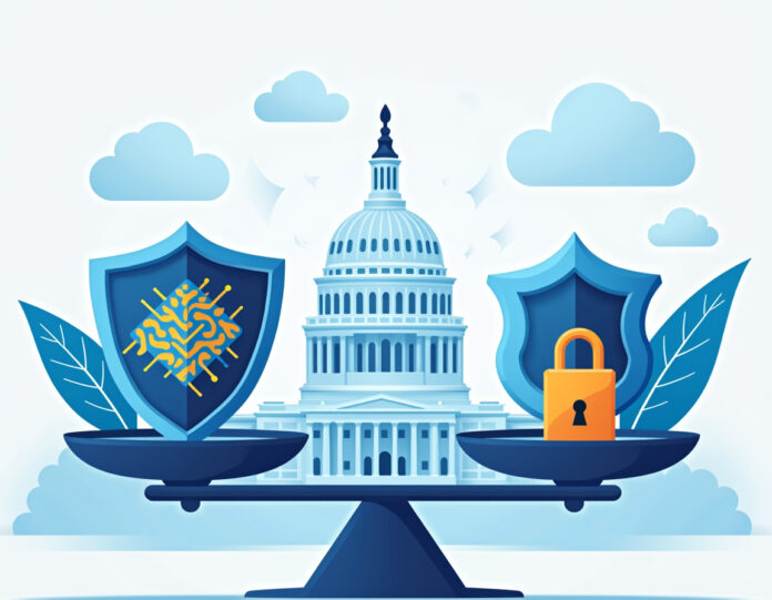 Uma ilustração dinâmica e moderna mostrando uma balança equilibrada com símbolos de tecnologia de IA (redes neurais, microchips) de um lado e símbolos de segurança/proteção (escudo, cadeado) do outro, com o edifício do capitólio do estado da Califórnia ao fundo. A composição deve transmitir inovação encontrando regulamentação, com linhas limpas, estética tecnológica profissional e foco central na balança equilibrada representando a harmonia entre o progresso da IA e as medidas de segurança.