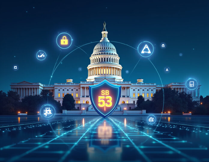 Uma ilustração digital moderna e profissional mostrando o edifício da capital do estado da Califórnia com padrões de redes neurais de IA brilhantes e símbolos de escudos de segurança ao redor, representando a legislação de segurança de IA. A cena deve mostrar fluxos de dados transparentes fluindo entre edifícios governamentais e logotipos de empresas de tecnologia como OpenAI e Anthropic, com foco central em um grande emblema de escudo protetor com 'SB 53' escrito nele. O estilo deve ser limpo, futurista e profissional com um esquema de cores azul e dourado, simbolizando transparência e segurança na regulamentação da inteligência artificial.
