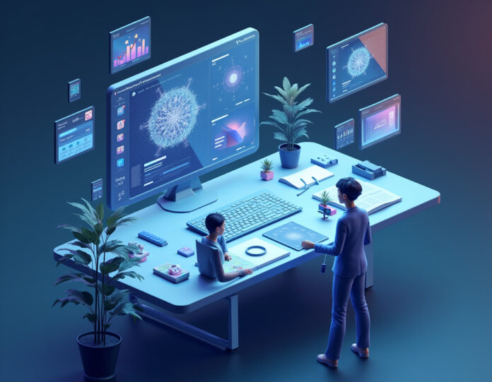 Um espaço de trabalho digital moderno mostrando conceitos de design gerados por IA se fundindo com elementos de interface de busca, representando a integração da tecnologia de design de IA da Visual Electric com a plataforma de busca da Perplexity. A cena deve apresentar um design limpo e futurista com elementos de interface flutuantes, conexões de rede neural e ferramentas de design criativo se integrando perfeitamente com a funcionalidade de busca, tudo centrado em torno de um espaço de trabalho colaborativo onde designers e agentes de IA trabalham juntos.
