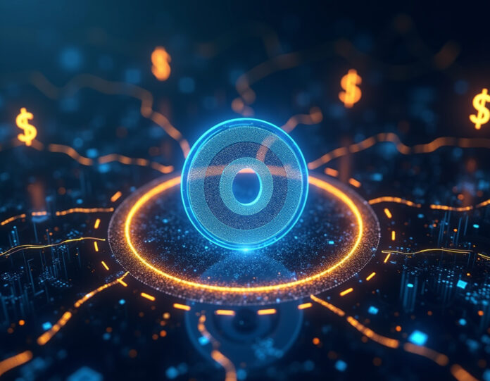 Uma ilustração digital dramática e moderna mostrando o logotipo da OpenAI no centro, rodeado por fluxos de dados dourados e símbolos monetários ($) fluindo em direção ao logotipo. O fundo apresenta conexões de rede abstratas e gráficos financeiros brilhando com luz azul e dourada, representando a avaliação massiva de US$ 500 bilhões. A composição é dinâmica e futurista, com partículas de luz e elementos digitais convergindo para o emblema central da OpenAI, simbolizando a conquista financeira recorde e a inovação tecnológica.